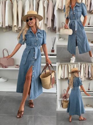 Button Front Belted Shirt Dress