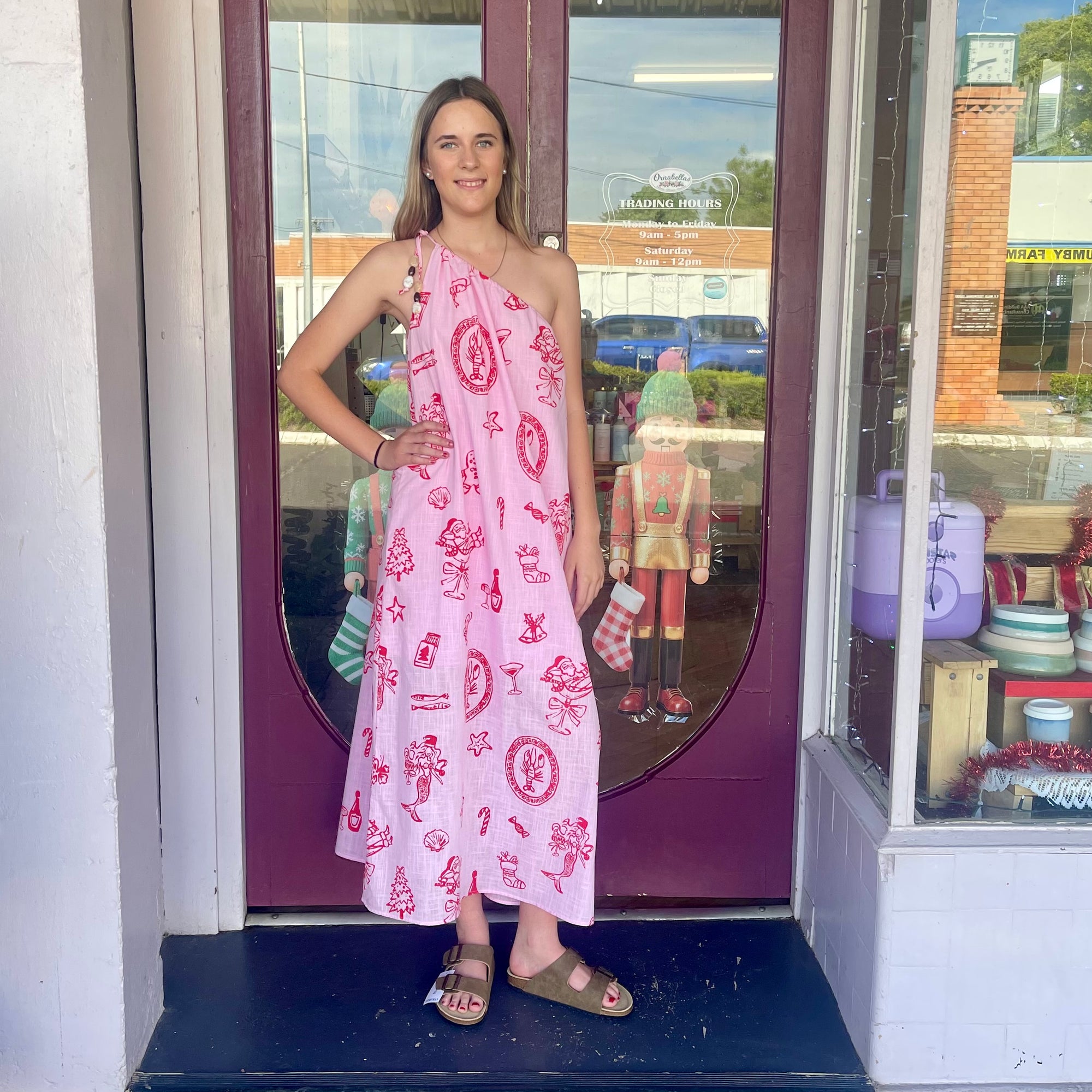 Santa Print 1 Shoulder Maxi Dress