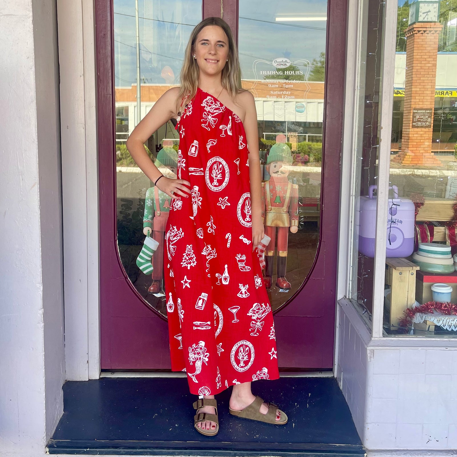 Santa Print 1 Shoulder Maxi Dress