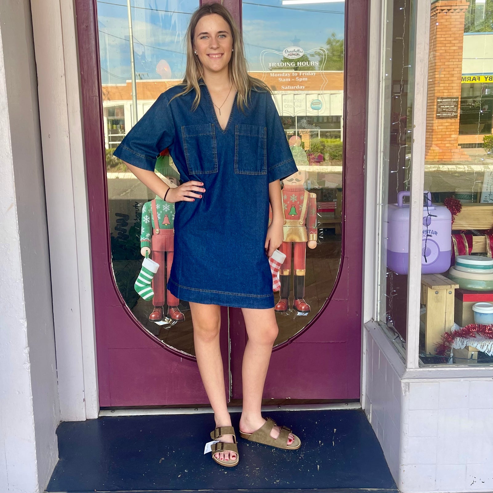 Collared Pocket Short Sleeve Denim Dress