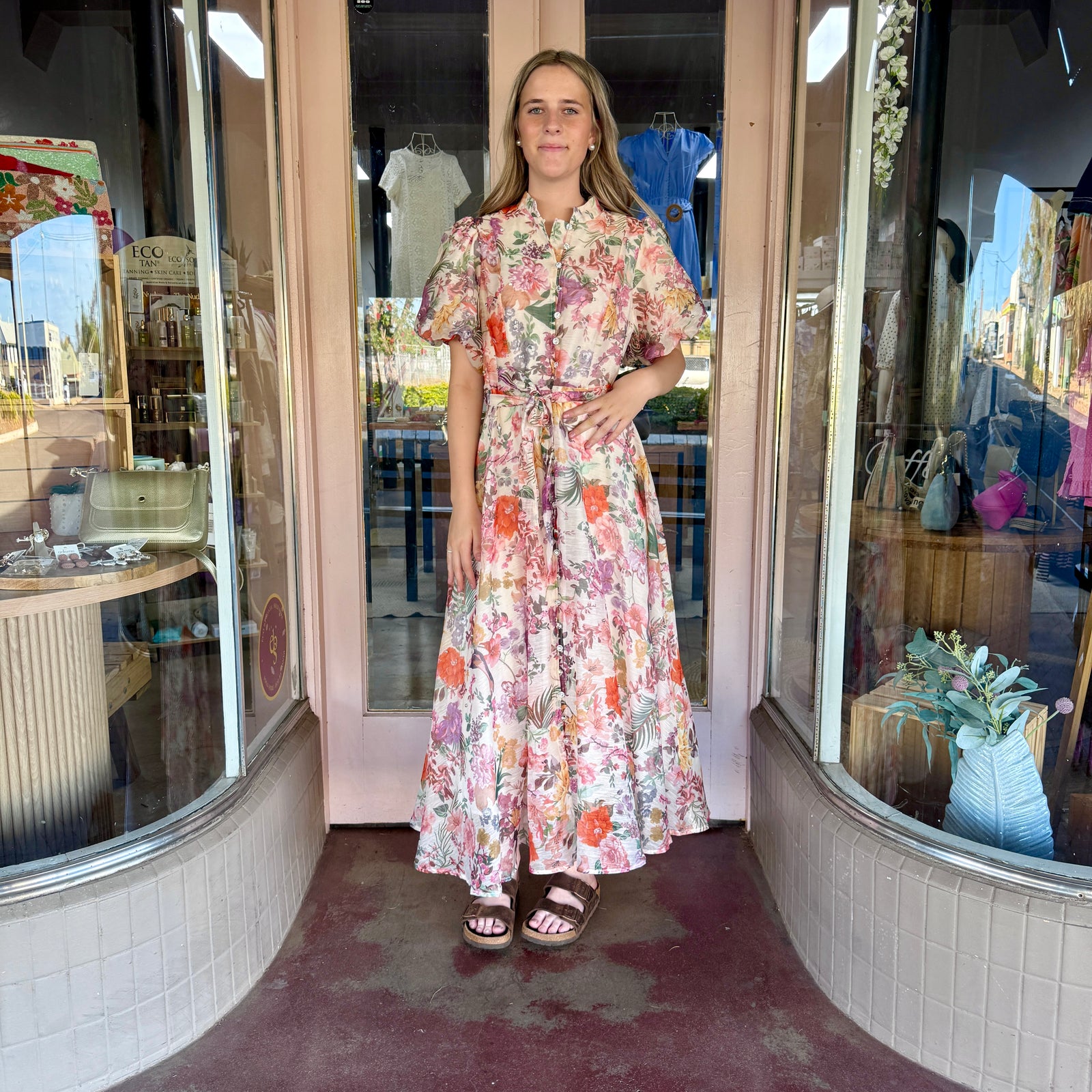 Puff Sleeve Pastel Floral Stud Dress