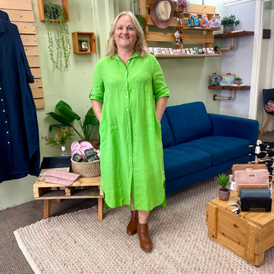 La Sofia Lime Green Linen Shirt Dress