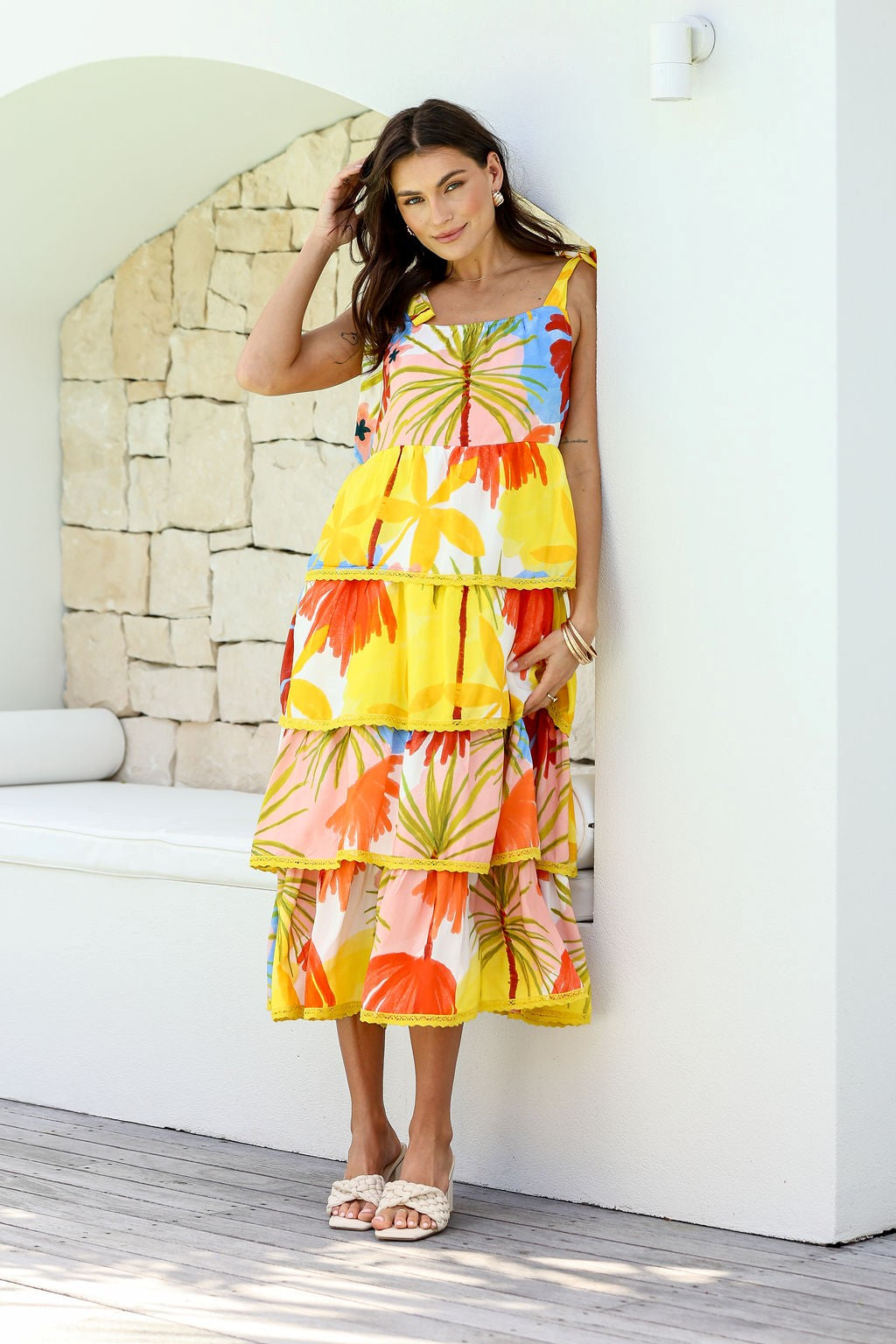 Palm Print Tiered Dress