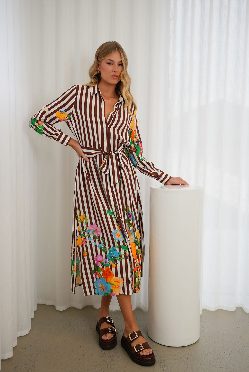 Striped Floral Print Midi Dress