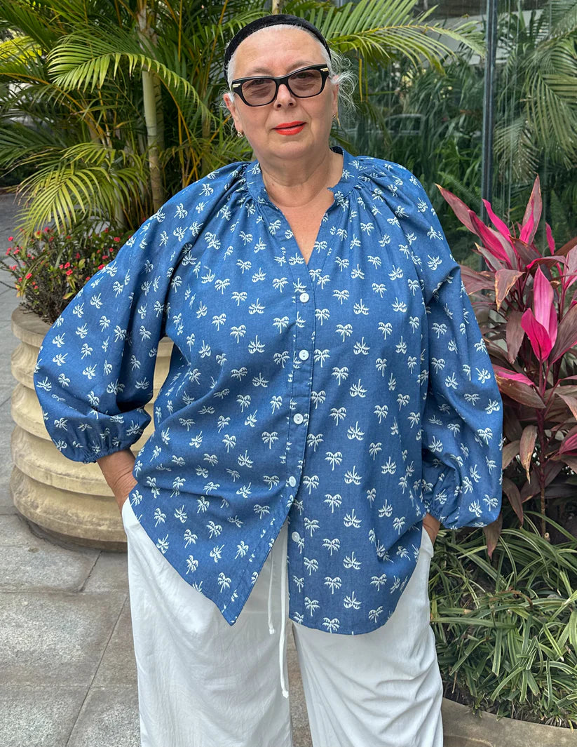 Palm Tree Print Denim Look Blouse