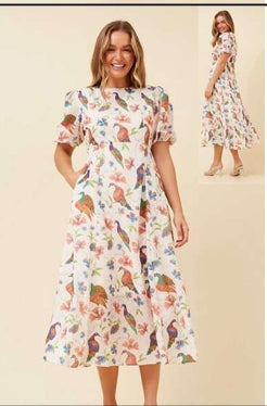 Short Puff Sleeve Bird Print Midi Dress