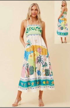 Sleeveless Border Print Beach Dress